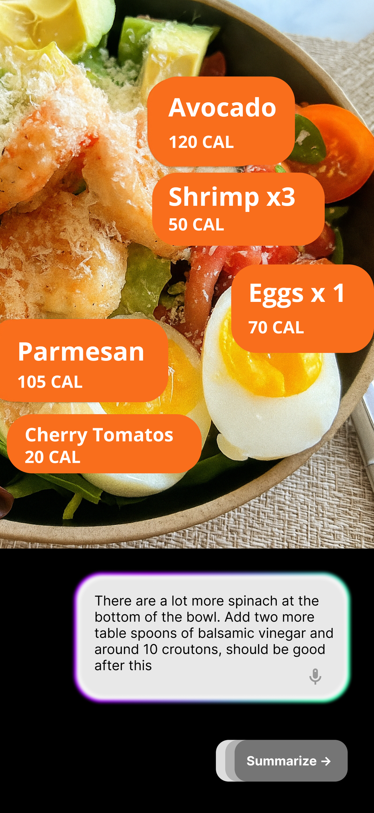 calarity app demo showing a salad with calorie overlays